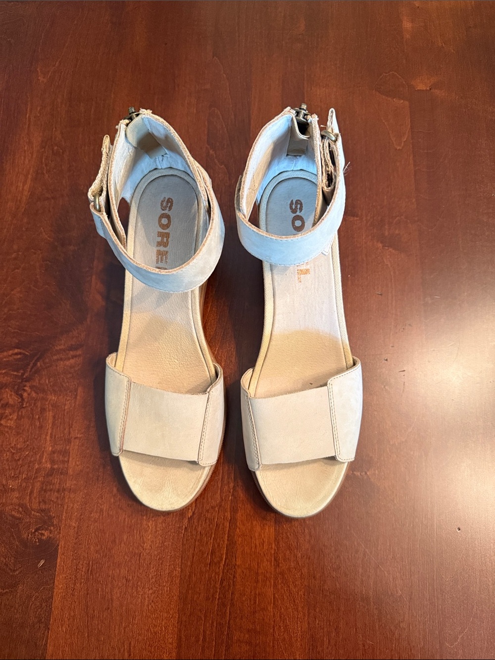 Sorel Beige Suede Wedge Sandals